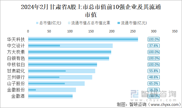 2024年2月甘肃省A股上市总市值前10强企业及其流通市值