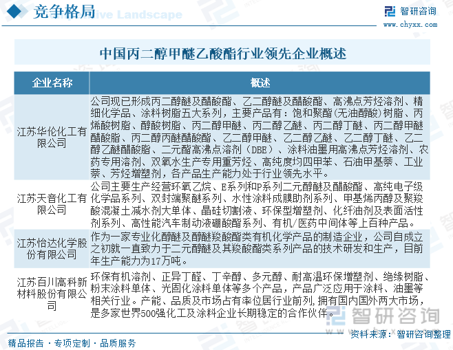 中国丙二醇甲醚乙酸酯行业领先企业概述