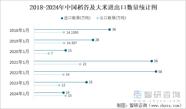 2018-2024年中国稻谷及大米进出口数量统计图