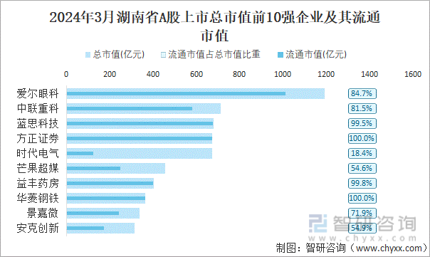 2024年3月湖南省A股上市总市值前10强企业及其流通市值