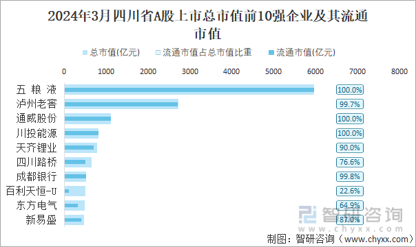 2024年3月四川省A股上市总市值前10强企业及其流通市值