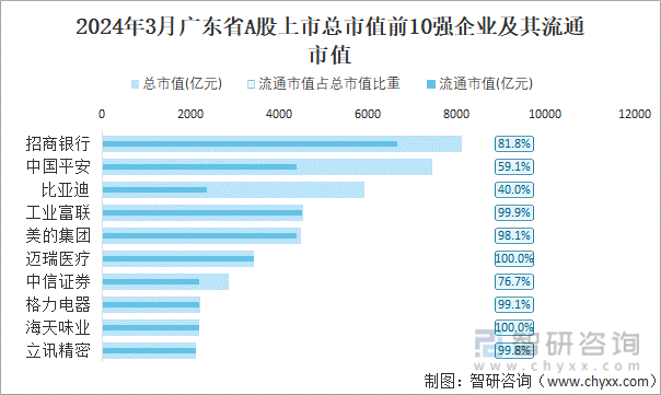 2024年3月广东省A股上市总市值前10强企业及其流通市值