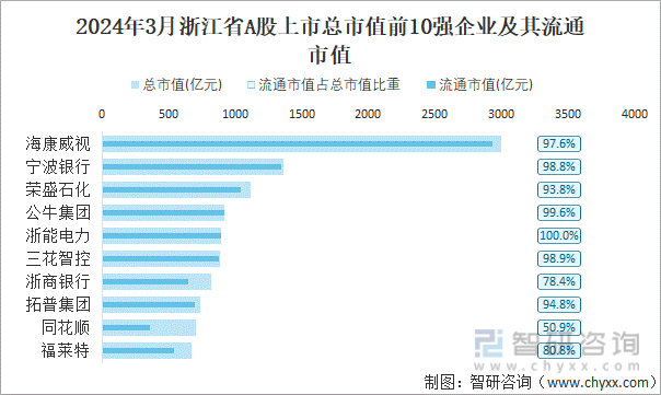 2024年3月浙江省A股上市总市值前10强企业及其流通市值