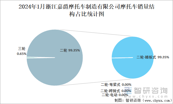 2024年1月浙江嘉爵摩托车制造有限公司摩托车销量结构占比统计图