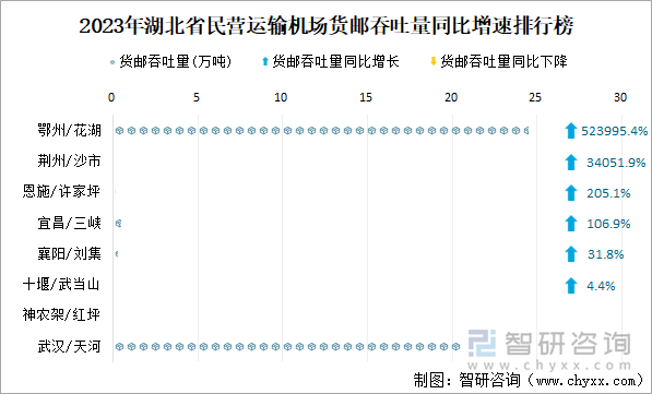 2023年湖北省民营运输机场货邮吞吐量同比增速排行榜