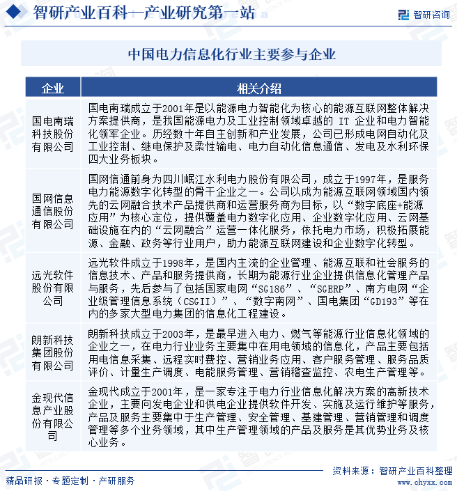 中国电力信息化行业主要参与企业