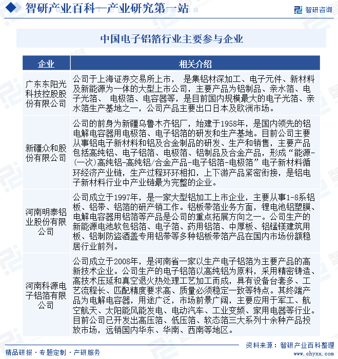 中国电子铝箔行业主要参与企业