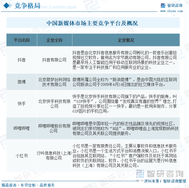 中国新媒体市场主要竞争平台及概况