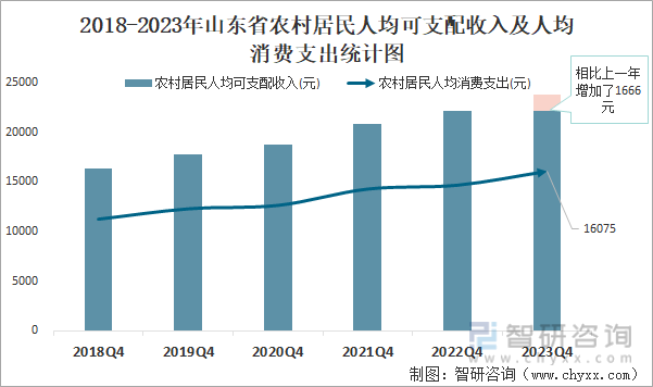 2018-2023年山东省农村居民人均可支配收入及人均消费支出统计图