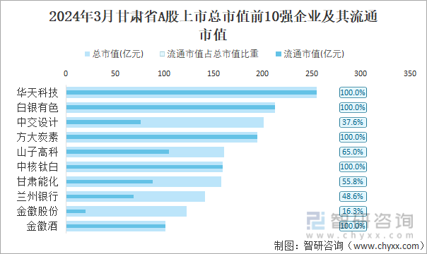 2024年3月甘肃省A股上市总市值前10强企业及其流通市值