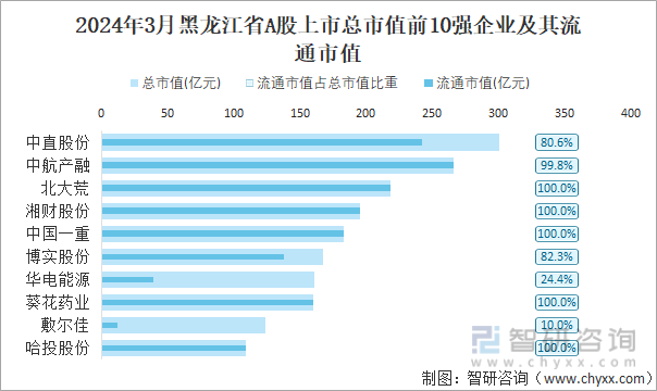 2024年3月黑龙江省A股上市总市值前10强企业及其流通市值