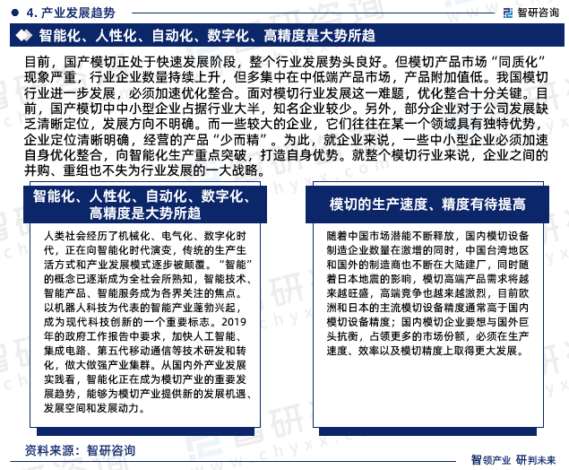 目前，国产模切正处于快速发展阶段，整个行业发展势头良好。但模切产品市场“同质化”现象严重，行业企业数量持续上升，但多集中在中低端产品市场，产品附加值低。我国模切行业进一步发展，必须加速优化整合。