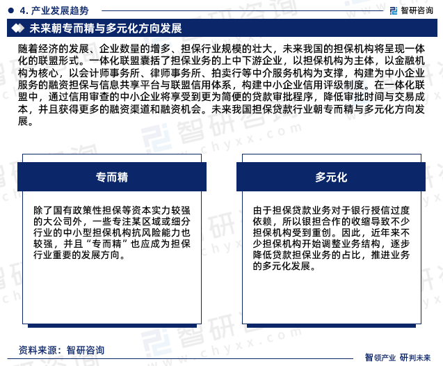 随着经济的发展、企业数量的增多、担保行业规模的壮大，未来我国的担保机构将呈现一体化的联盟形式。未来我国担保贷款行业朝专而精与多元化方向发展。