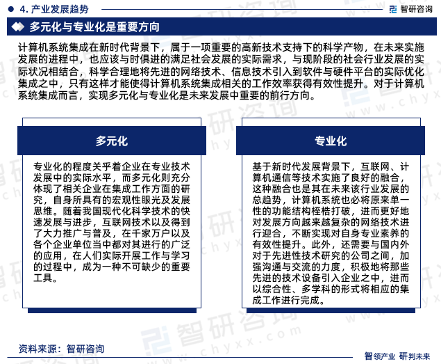 计算机系统集成在新时代背景下，属于一项重要的高新技术支持下的科学产物，在未来实施发展的进程中，也应该与时俱进的满足社会发展的实际需求，与现阶段的社会行业发展的实际状况相结合，科学合理地将先进的网络技术、信息技术引入到软件与硬件平台的实际优化集成之中。