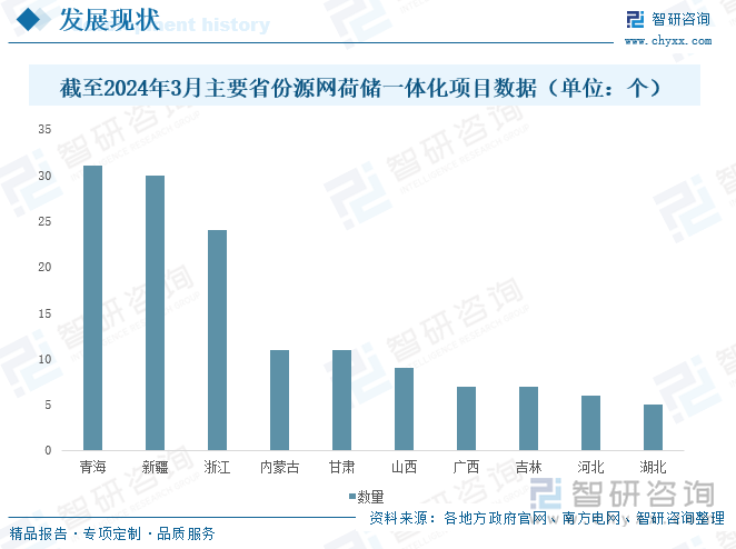 截至2024年3月主要省份源网荷储一体化项目数据（单位：个）