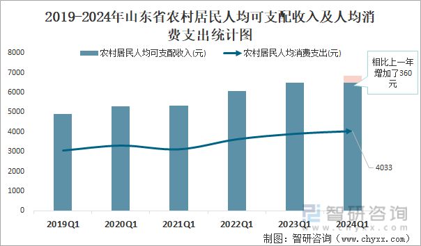 2019-2024年山东省农村居民人均可支配收入及人均消费支出统计图