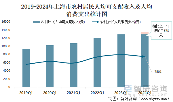 2019-2024年上海市农村居民人均可支配收入及人均消费支出统计图