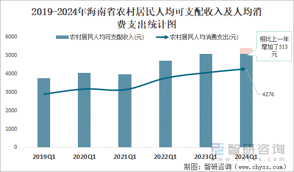2019-2024年海南省农村居民人均可支配收入及人均消费支出统计图