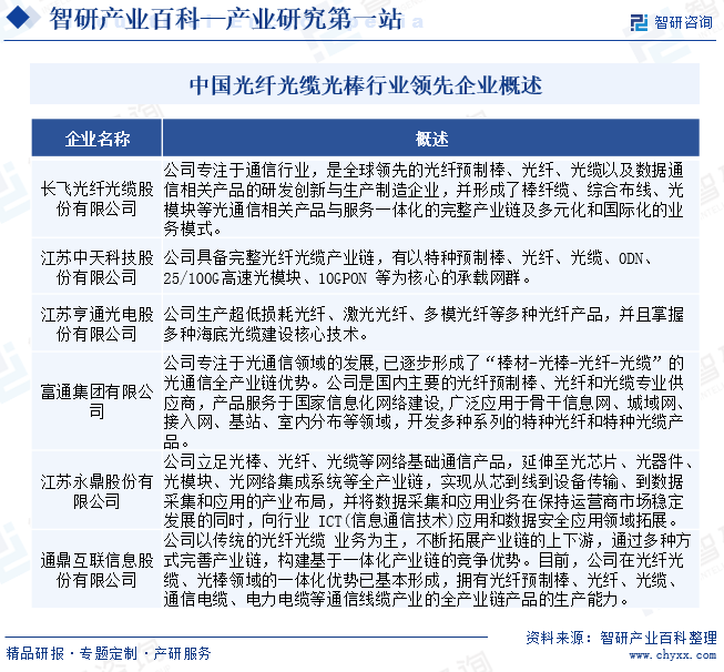 中国光纤光缆光棒行业领先企业概述