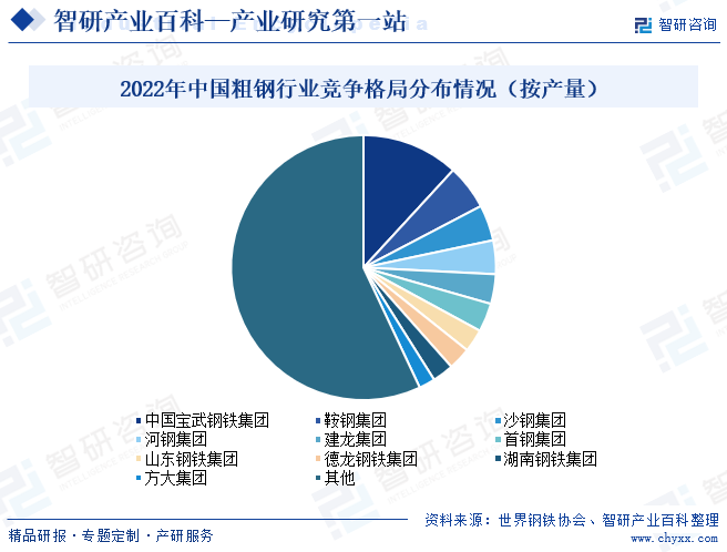 2022年中国粗钢行业竞争格局分布情况（按产量）
