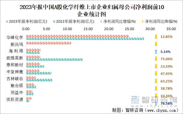 2023年报中国A股化学纤维上市企业归属母公司净利润前10企业统计图