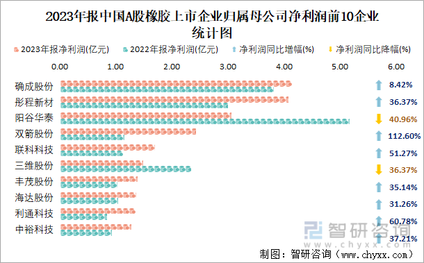 2023年报中国A股橡胶上市企业归属母公司净利润前10企业统计图