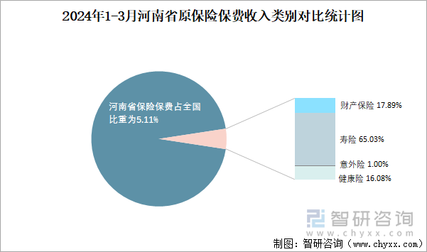 2024年1-3月河南省原保险保费收入类别对比统计图