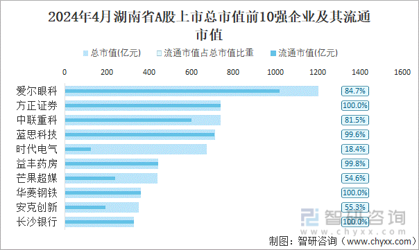 2024年4月湖南省A股上市总市值前10强企业及其流通市值