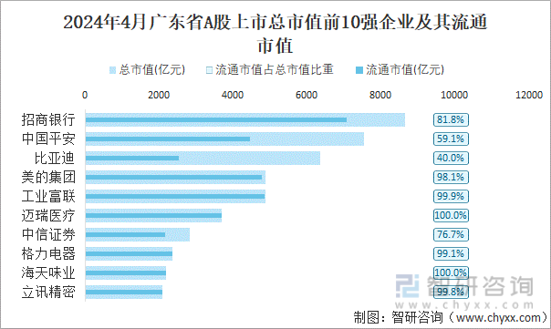 2024年4月广东省A股上市总市值前10强企业及其流通市值