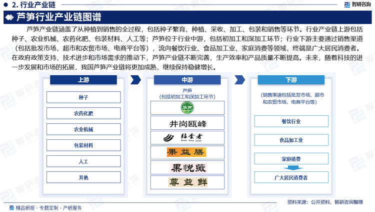 芦笋产业链涵盖了从种植到销售的全过程，包括种子繁育、种植、采收、加工、包装和销售等环节。行业产业链上游包括种子、农业机械、农药化肥、包装材料、人工等；芦笋位于行业中游，包括初加工和深加工环节；行业下游主要通过销售渠道（包括批发市场、超市和农贸市场、电商平台等），流向餐饮行业、食品加工业、家庭消费等领域，终端是广大居民消费者。在政府政策支持、技术进步和市场需求的推动下，芦笋产业链不断完善，生产效率和产品质量不断提高。未来，随着科技的进一步发展和市场的拓展，中国芦笋产业链将更加成熟，继续保持稳健增长。