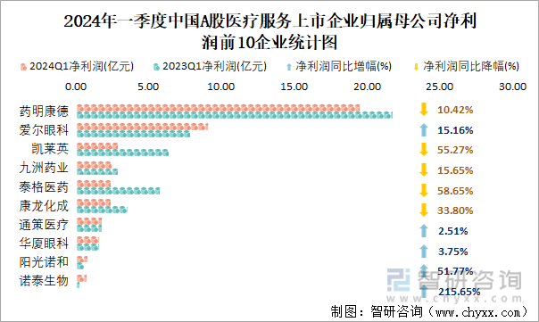 2024年一季度中国A股医疗服务上市企业归属母公司净利润前10企业统计图