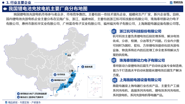 我国锂电池充放电机市场参与者众多，市场竞争激烈，主要包括一些技术领先企业、规模化生产厂家、新兴企业等。目前，国内锂电池充放电机企业主要分布在广东、浙江、福建等沿海地区，主要包括浙江杭可科技股份有限公司、珠海泰坦新动力电子有限公司、惠州市新科华实业有限公司、广州蓝奇电子实业有限公司、福州福光电子有限公司、上海施能电器设备有限公司等。