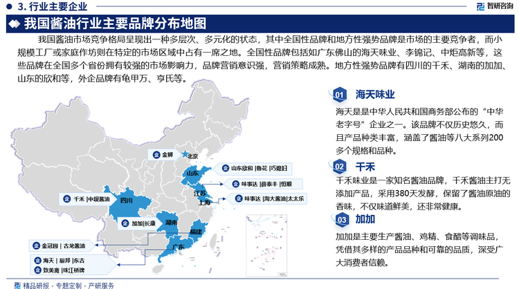 我国酱油市场的竞争格局呈现出一种多层次、多元化的状态，其中全国性品牌和地方性强势品牌是市场的主要竞争者，而小规模工厂或家庭作坊则在特定的市场区域中占有一席之地。全国性品牌包括如广东佛山的海天味业、李锦记、中炬高新等，这些品牌在全国多个省份拥有较强的市场影响力，品牌营销意识强，营销策略成熟。地方性强势品牌有四川的千禾、湖南的加加、山东的欣和等，外企品牌有龟甲万、亨氏等。