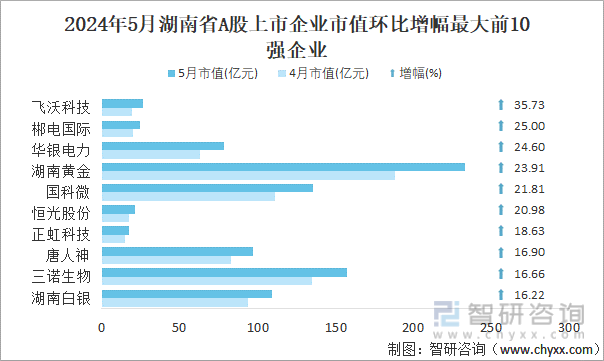 2024年5月湖南省A股上市企业市值环比增幅最大前10强企业