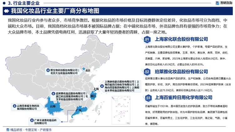 我国化妆品行业内参与者众多，市场竞争激烈。根据化妆品的市场价格及目标消费群体定位差异，化妆品市场可分为高档、中端和大众市场。目前，我国高档化妆品市场基本被国际品牌占据，如法国娇兰、法国迪奥、法国香奈儿、法国兰蔻、美国的雅诗兰黛等，该类产品价格定位较高，以高端收入人群为主要目标消费群体；在中端化妆品市场，外资品牌也具有很强的市场竞争力，占据着较大市场份额，如美国的玉兰油、法国的欧莱雅、日本的资生堂等；在大众品牌市场，本土品牌凭借电商红利，迅速获取了大量年轻消费者的青睐，占据一席之地。