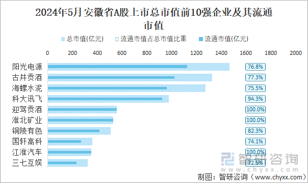 2024年5月安徽省A股上市总市值前10强企业及其流通市值