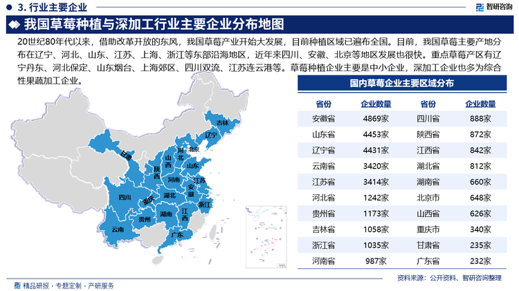 20世纪80年代以来，借助改革开放的东风，我国草莓产业开始大发展，目前种植区域已遍布全国。目前，我国草莓主要产地分布在辽宁、河北、山东、江苏、上海、浙江等东部沿海地区，近年来四川、安徽、北京等地区发展也很快。重点草莓产区有辽宁丹东、河北保定、山东烟台、上海郊区、四川双流、江苏连云港等。草莓种植企业主要是中小企业，深加工企业也多为综合性果蔬加工企业。