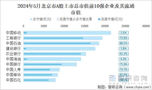 2024年5月北京市A股上市总市值前10强企业及其流通市值