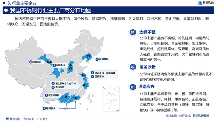 国内不锈钢生产商主要有太钢不锈、甬金股份、酒钢宏兴、抚顺特钢、久立特材、武进不锈、青山控股、北港新材料、鞍钢联众、无锡宏旺、图南股份等。其中太钢不锈主要产品有不锈钢、冷轧硅钢、碳钢热轧卷板、火车轮轴钢、合金模具钢、军工钢等。电磁纯铁、超纯铁素体、双相钢、高碳马氏体、无磁钢、铁路客货车用钢、火车轮轴钢市场占有率国内第一。甬金股份冷轧不锈钢业务板块主要产品为宽幅冷轧不锈钢与精密冷轧不锈钢。酒钢宏兴主要产品涵盖线、棒、板、带四大系列，包括高速线材、棒材、中厚板材、热轧卷板、冷轧卷板、各类涂镀卷板（镀锌、镀铝锌、锌铝镁）及不锈钢板带材等。