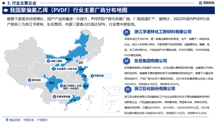 PVDF行业内早期仅外企阿科玛、苏威、吴羽掌握锂电池级PVDF的生产工艺，并且采取技术封锁，市场由上述企业所垄断。近年来，国内企业逐渐掌握生产工艺，产品质量随时间提高，成功打入下游市场，目前国产锂电池级PVDF在低端领域用量较大，随着下游需求持续增长，国产产品质量进一步提升，PVDF国产替代前景广阔、厂商高速扩产，据统计，2022年国内PVDF行业产能前三为浙江孚诺林、东岳集团、内蒙三爱富占比高达50%，行业集中度较高。