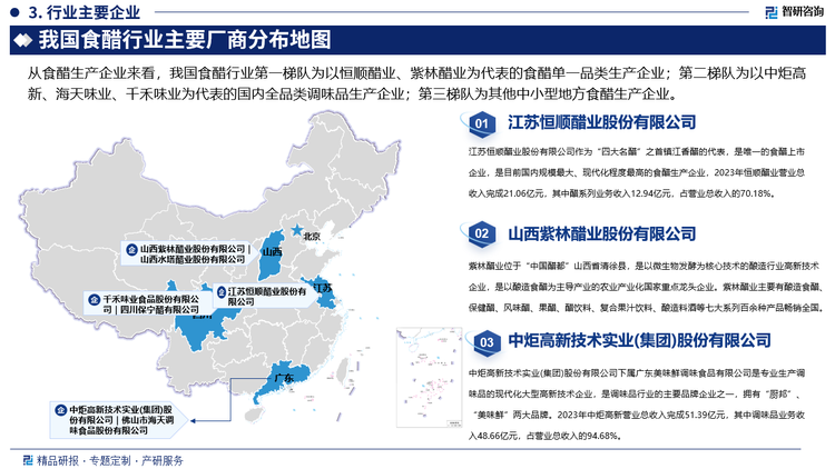 食醋作为我国饮食文化中重要的调味品之一，历史悠久、分布广泛，各地均有生产。随着部分地域规模化生产企业的发展壮大，市场集中度逐渐有所提升，但是整个行业的生产企业数量仍然较大，产品质量参差不齐，区域性、作坊式企业众多，规模以上食醋制造企业较少。从食醋生产企业来看，我国食醋行业第一梯队为以恒顺醋业、紫林醋业为代表的食醋单一品类生产企业；第二梯队为以中炬高新、海天味业、千禾味业为代表的国内全品类调味品生产企业；第三梯队为其他中小型地方食醋生产企业。