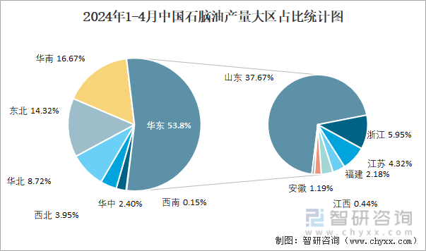 2024年1-4月中国石脑油产量大区占比统计图
