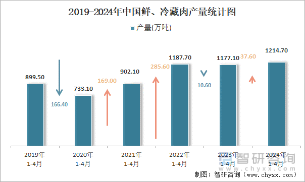 2019-2024年中国鲜、冷藏肉产量统计图