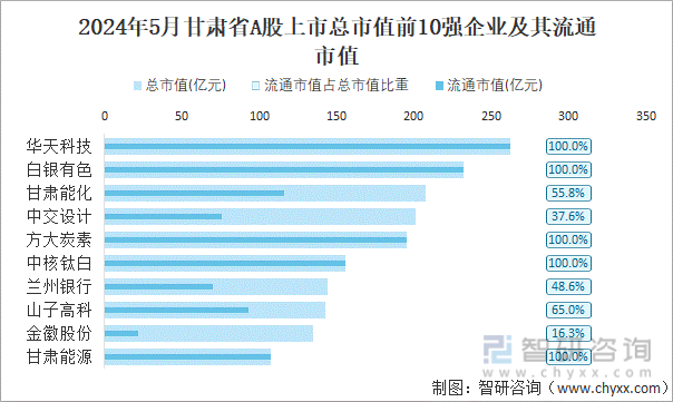 2024年5月甘肃省A股上市总市值前10强企业及其流通市值