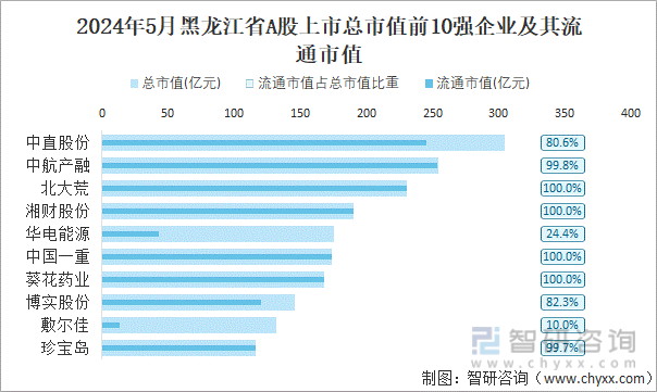 2024年5月黑龙江省A股上市总市值前10强企业及其流通市值