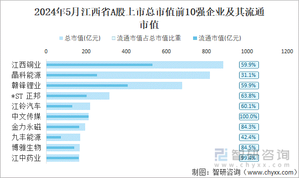 2024年5月江西省A股上市总市值前10强企业及其流通市值