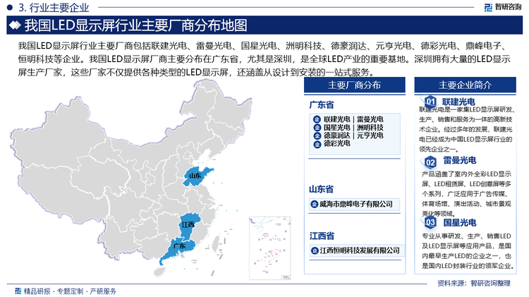 我国LED显示屏行业主要厂商包括联建光电、雷曼光电、国星光电、洲明科技、德豪润达、元亨光电、德彩光电、鼎峰电子、恒明科技等企业。我国LED显示屏厂商主要分布在广东省，尤其是深圳，是全球LED产业的重要基地。深圳拥有大量的LED显示屏生产厂家，这些厂家不仅提供各种类型的LED显示屏，还涵盖从设计到安装的一站式服务。