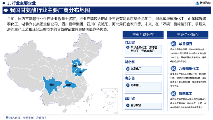 目前，国内甘氨酸行业生产企业数量十多家，行业产能较大的企业主要有河北东华金龙化工、河北东华冀衡化工、山东临沂鸿泰化工、湖北兴发集团金信公司、四川福华集团、四川广安诚阳、河北元氏鑫宏升等。未来，在“双碳”目标指引下，掌握先进的生产工艺和环保治理技术的甘氨酸企业将具备明显竞争优势。