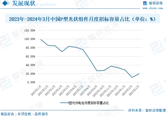 2023年-2024年3月中国P型光伏组件月度招标容量占比（单位：%）