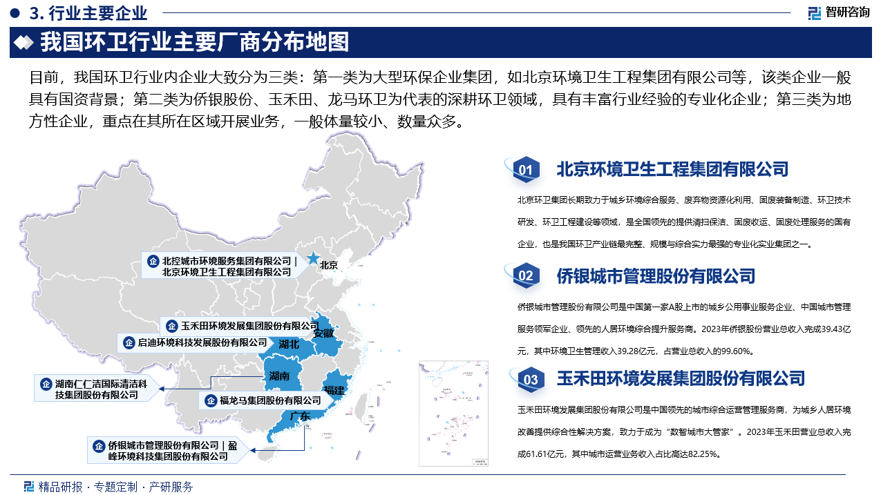 整体来看，我国环卫市场化程度各地差异较大，深圳、杭州等地市场化程度较高，二三线城市市场化程度较低，南方比北方市场化程度高，一线城市市场化空间已经不大，未来的提高将来自于二三线城市。